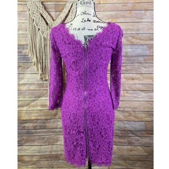 Diane Von Furstenberg | ’Zarita’ Magenta Lace Bateau Neck Scalloped Trim Dress - Picture 4 of 10
